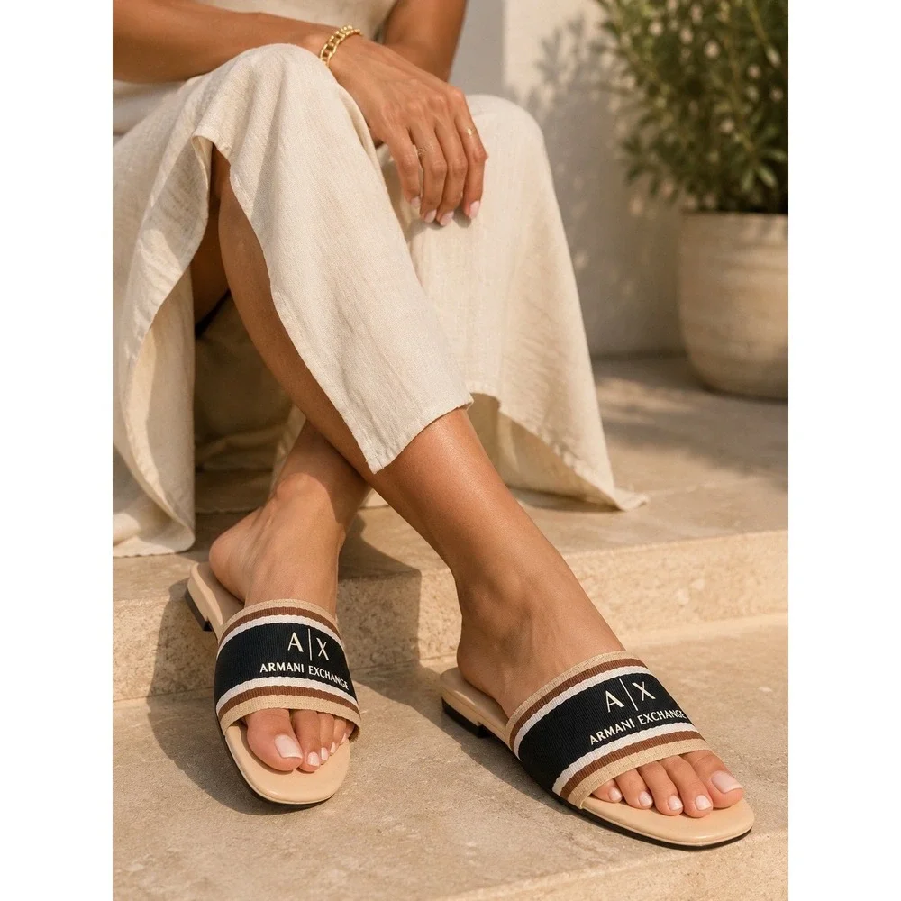 Armani Exchange Womens Logo Stripe Slide Sandals Beige Black Tan XDP045 US 8M‎